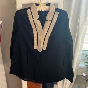 J Crew black cotton shirt with cream embroidery at neckline - M
